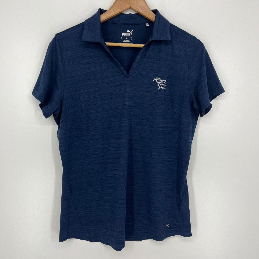 Puma Golf Torrey Pines Navy Blue Space Dye V-Neck Polo Shirt Womens Large